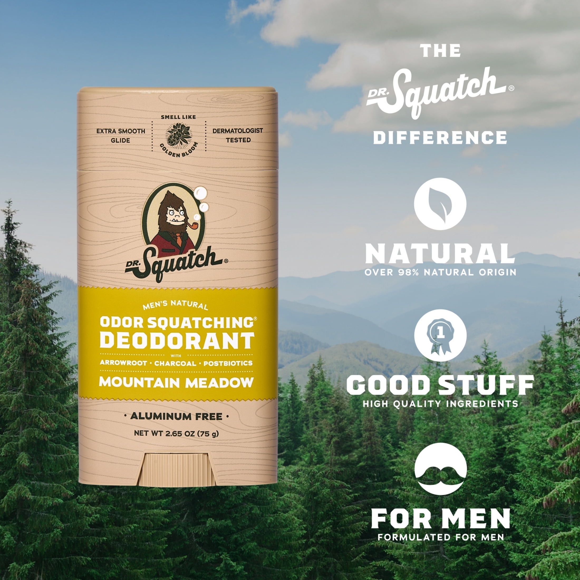 Dr. Squatch Mens Aluminum Free Deodorant, Natural Deodorant for Men, Mountain Meadow, 2.65 Oz