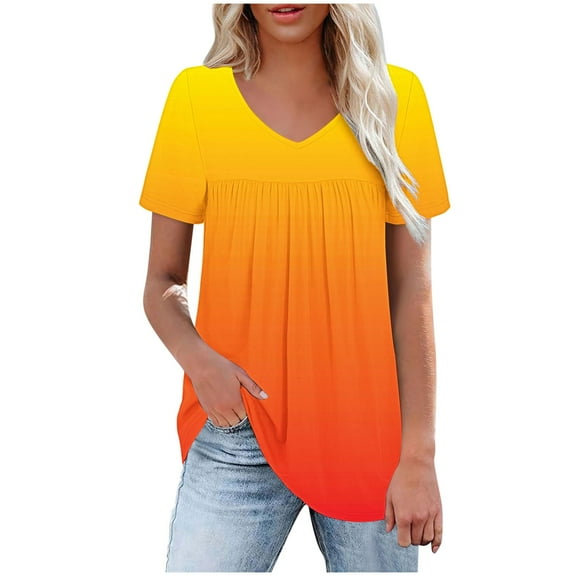 fatyb Tops Summer for Women V Neck Short Sleeve Pleated Shirts Print Casual Womens Gradient Blouses