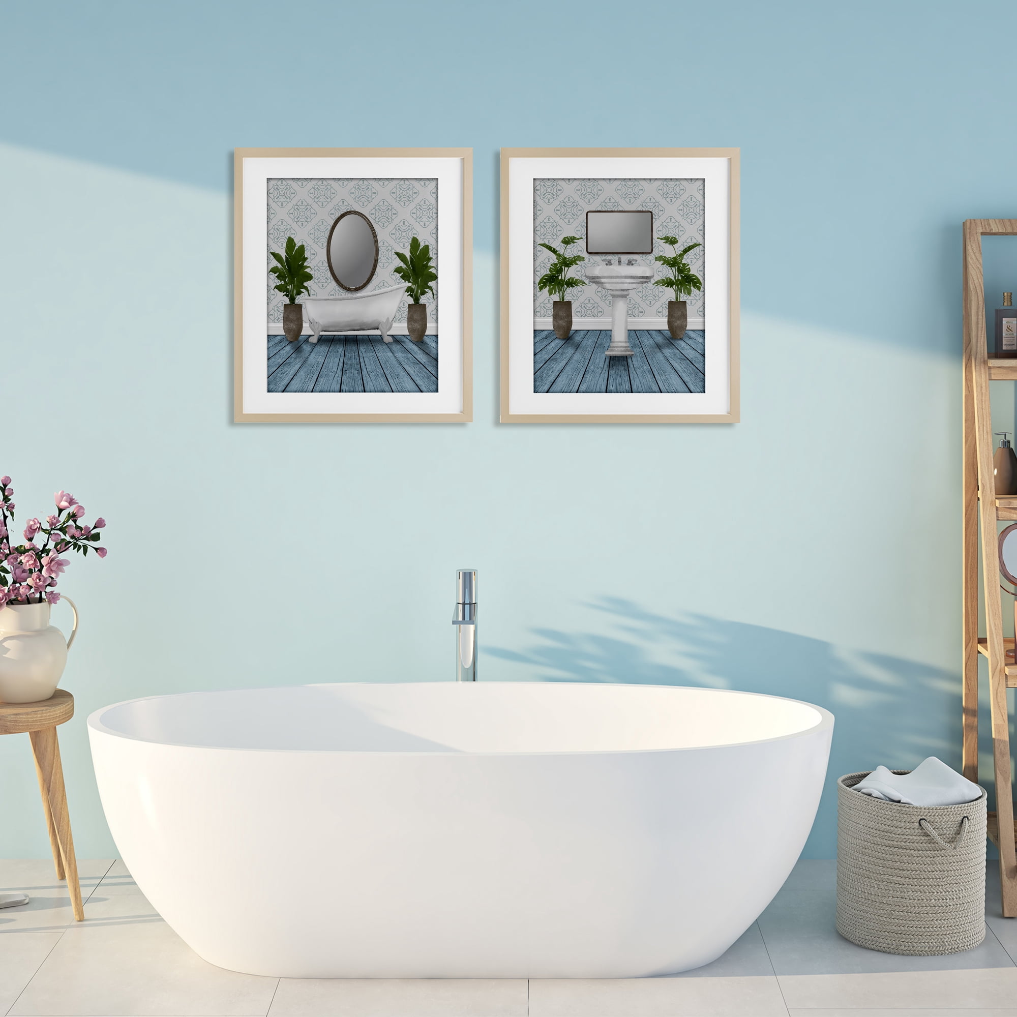 Stupell Industries Bathroom's Restful Wash 2 Piece Birch Framed Print Under Glass Set, design by Marcus Prime
