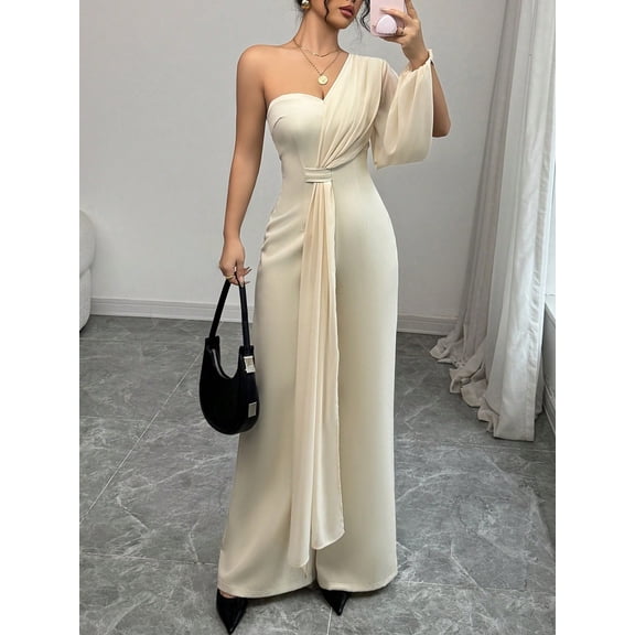 Elegant one-shoulder single long-sleeved chiffon half strapless half back and half decorative chiffon light khaki spring and summer women's jumpsuit