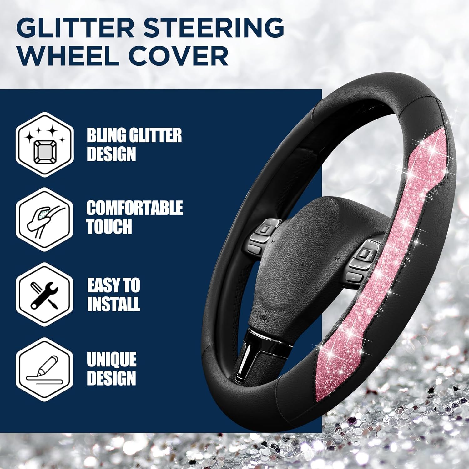 Steering Wheel Cover, Hot Pink Sparkly Crystal Bling Glitter with Leather, Universal Fit 14.5"-15.5" Car Steering Wheels for Girls & Women, Anti-Slip Wheels Cover for Cars, Trucks, Van, SUVs