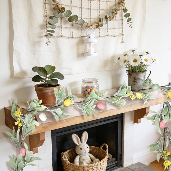 Rirozkan Easter Garland, 6 Foot Bunny Ear Garland, Artificial Leaf and Egg Vine, Spring Decoration String, for Mantel Doorway Wall Decor
