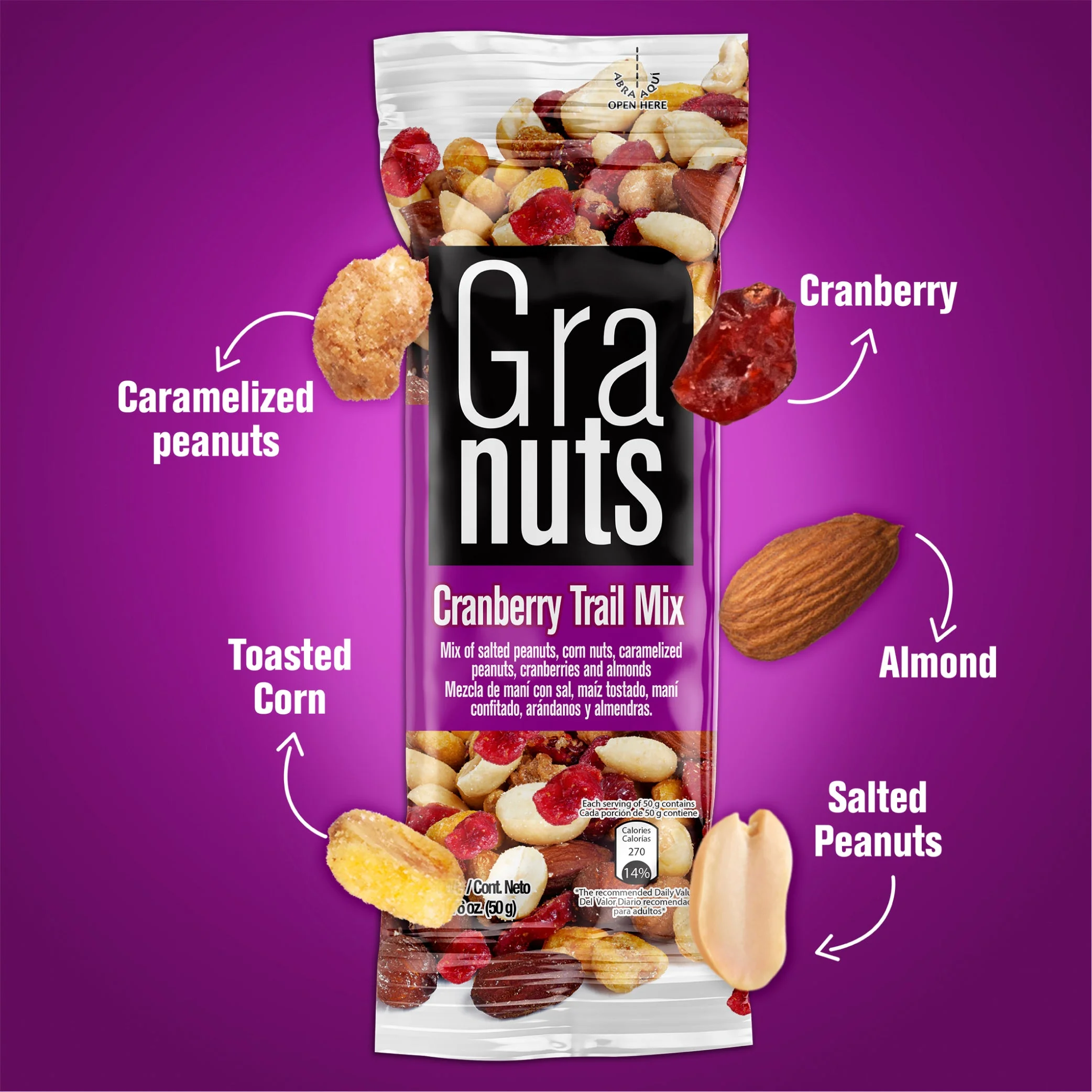 Granuts Cranberry Trail Mix, 1.76 oz., Pack of 1, Assorted Nuts, Fish-Free, Allergens: Peanuts and Almonds