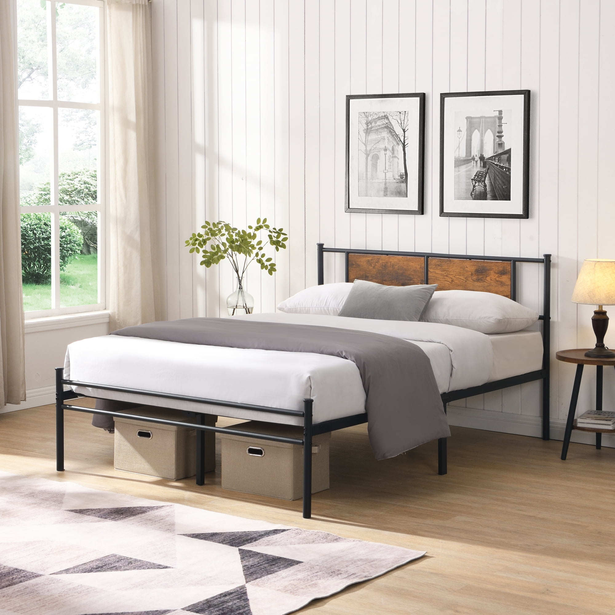 Leumius Full Size Bed Frame, Industrial Metal Platform Bed with Wooden Headboard,Black+Brown