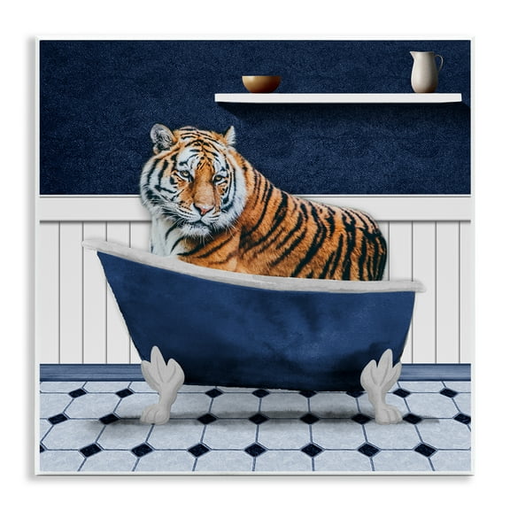 Stupell Industries Tiger in Blue Bathroom Bath & Laundry Painting Unframed Art Print Wall Art, 12 x 12