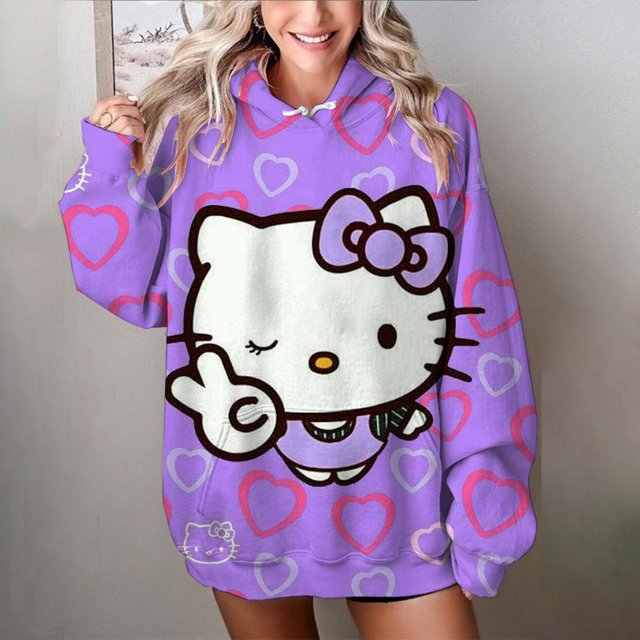 Automne Hiver Femmes Décontracté Mignon Hello Kitty Imprimé Manches Longues Chandail à Cordon Style Mignon Chandail à Capuche 2024
