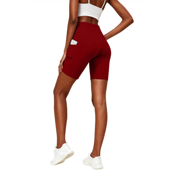TEAJOPSUU Womens Tummy Control Yoga Shorts Slim Fitted Workout High Waist Shorts with Pockets Form Fitting Legging Shorts for Gym Sports Burgundy