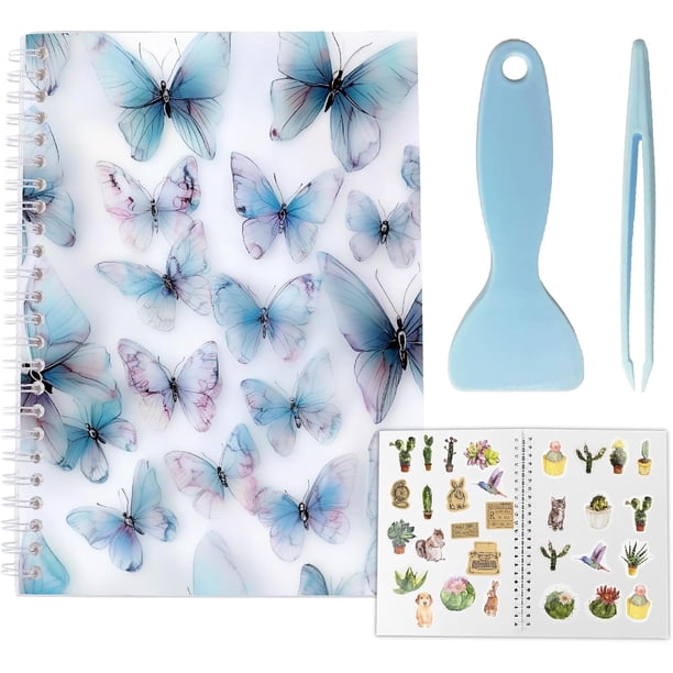 Álbum de pegatinas reutilizable de 40 hojas, tamaño A5, resistente al agua, con diseño de mariposa azul, organizador de almacenamiento en blanco con raspador y pinzas.