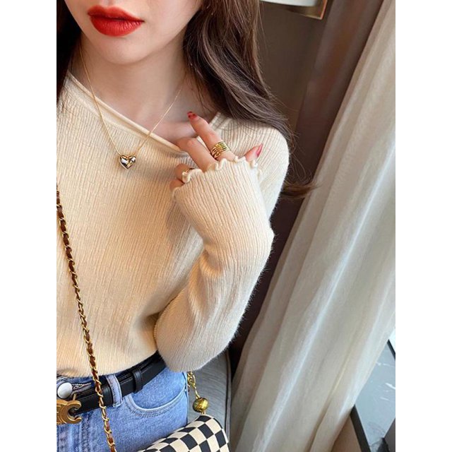 ML Women Pullovers Sweaters Knit Soft Jumper tops Ruched Autumn Winter Tops O-Neck Ribbed Long Sleeve Slim Female Sweater