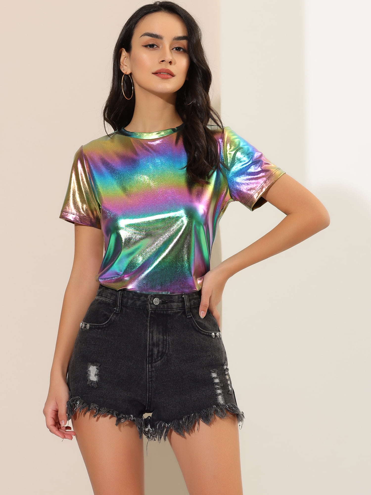 DARING DIVA Party Metallic Textured Short Sleeve Shiny Tops L Colorful
