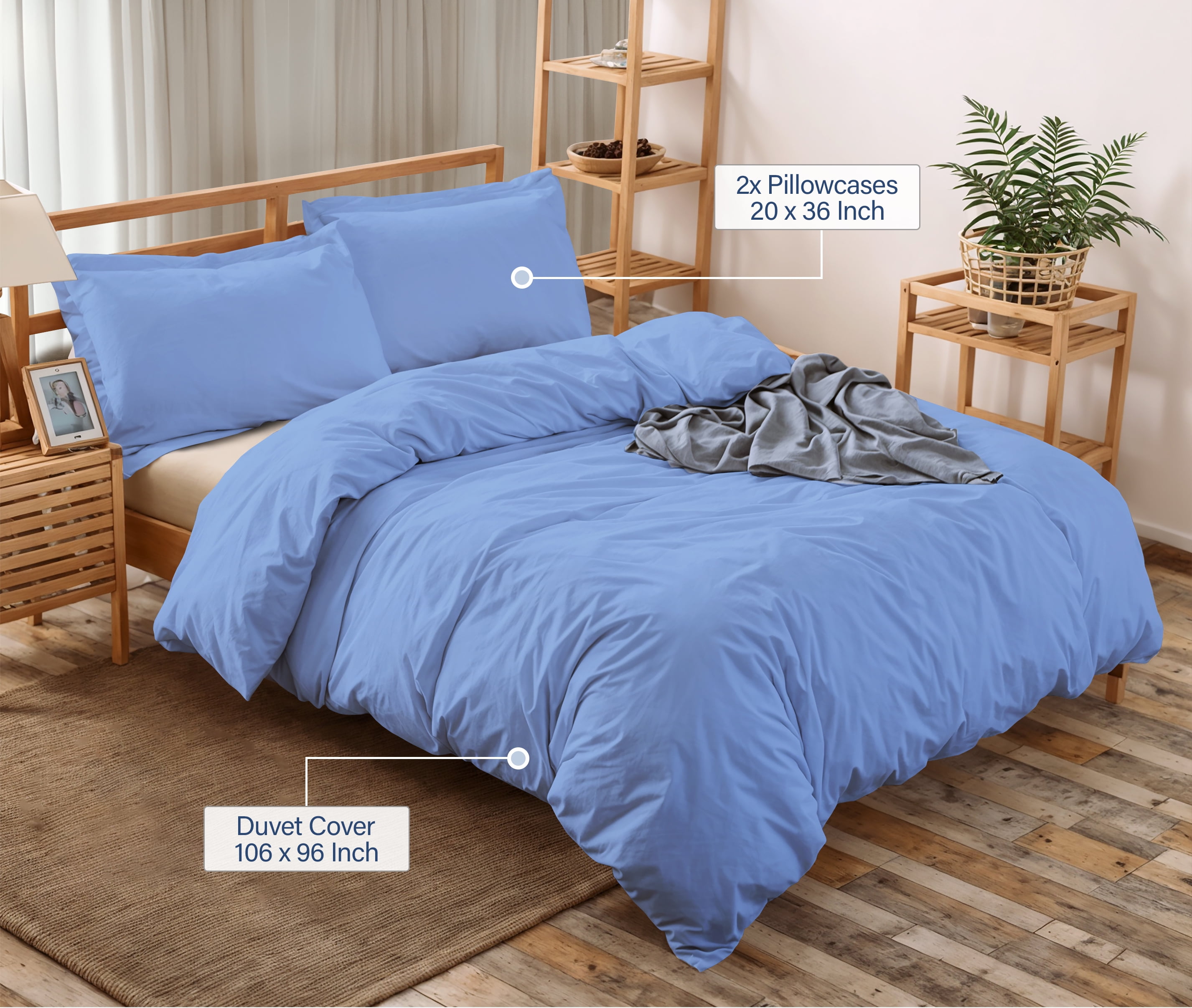 Ruvanti Queen Size Cotton Duvet Cover Set - Sky Blue 3 Pieces with Button Closure, 92x96 inches