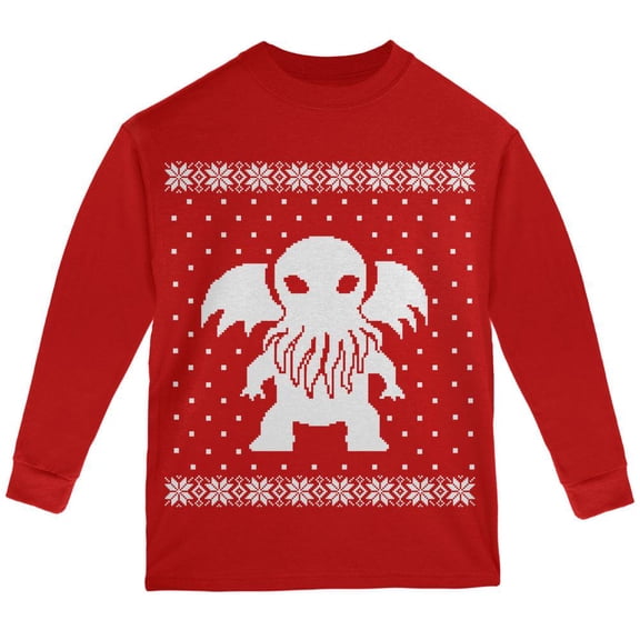 Big Cthulhu Ugly XMAS Sweater Red Youth Long Sleeve T-Shirt - Youth X-Large