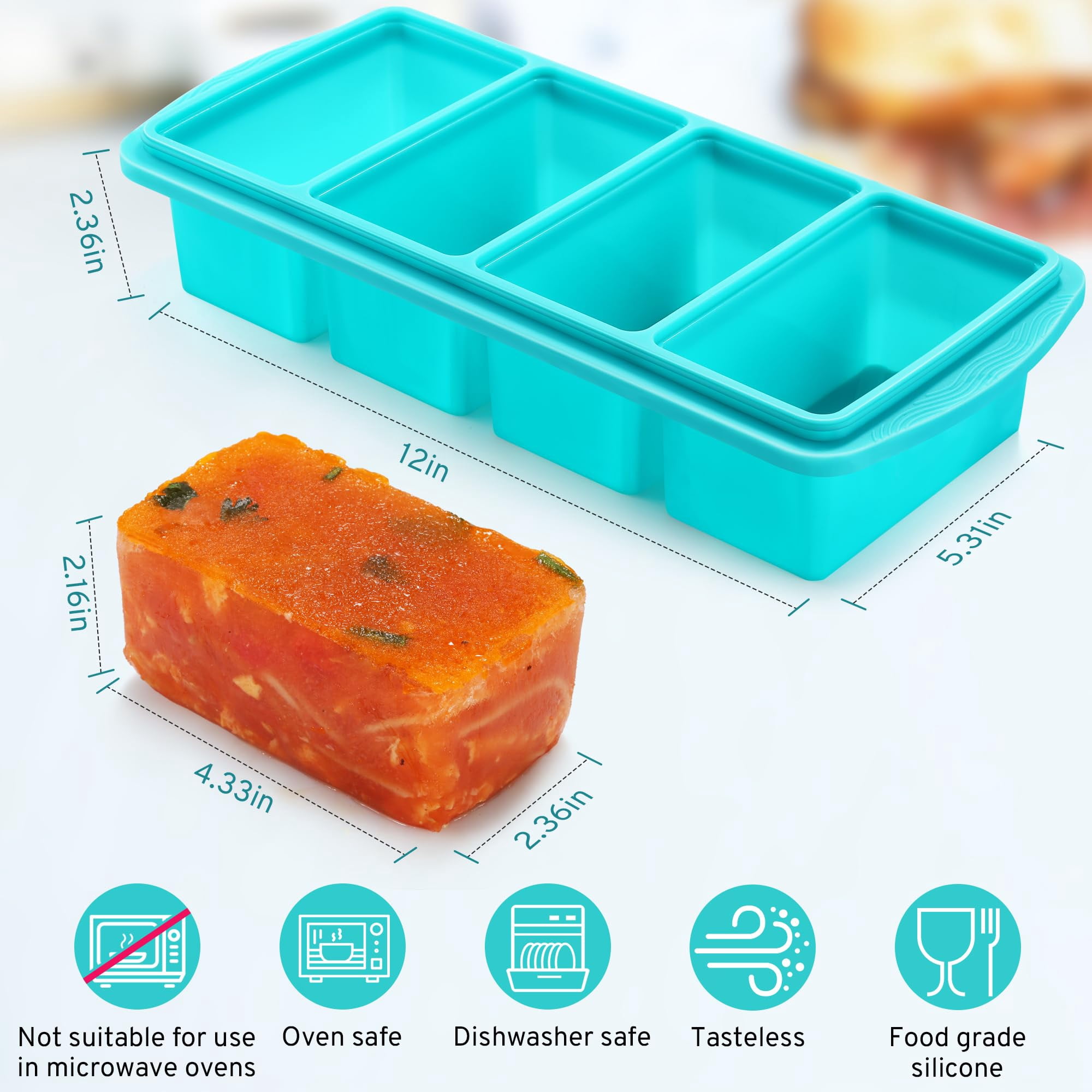 Silicone Freezer Tray With Lid - 1 Cup Food Freezers Large Ice Cube Molds Soup  Sauce Leftovers Homemade Meal Prep Freezing Kitchen Storage Containers Aqua 4-pack