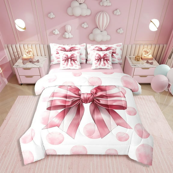 Erosebridal Pink Bow Bedding Twin Size, Princess Style Bed in a Bag Twin size, Dreamy Room Decor, Reversible 7 Pieces