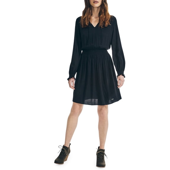 Nautica Womens Smocked Long Sleeve Dress True Black 2XL