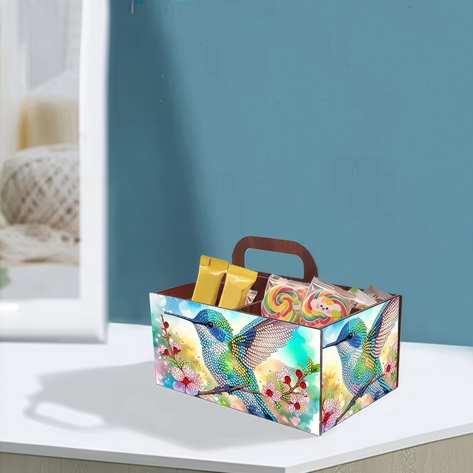 FLOPESN DIY Hummingbird Diamond Art Painting 5 compartments Wooden Storage Box, 9.44*8.14in, Practical Rectangular Assembly Portable Multi-Grid Box