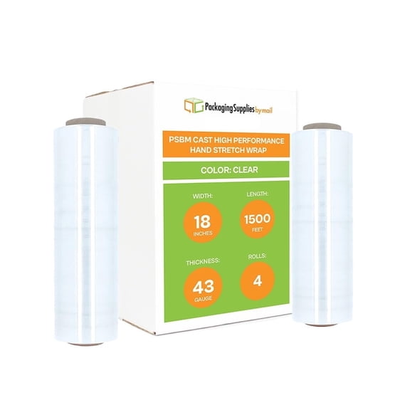PSBM Hand Stretch Wrap 18" x 1500' 4 Rolls 43 Gauge Clear Plastic Shrink Film for Moving Packing and Wrapping