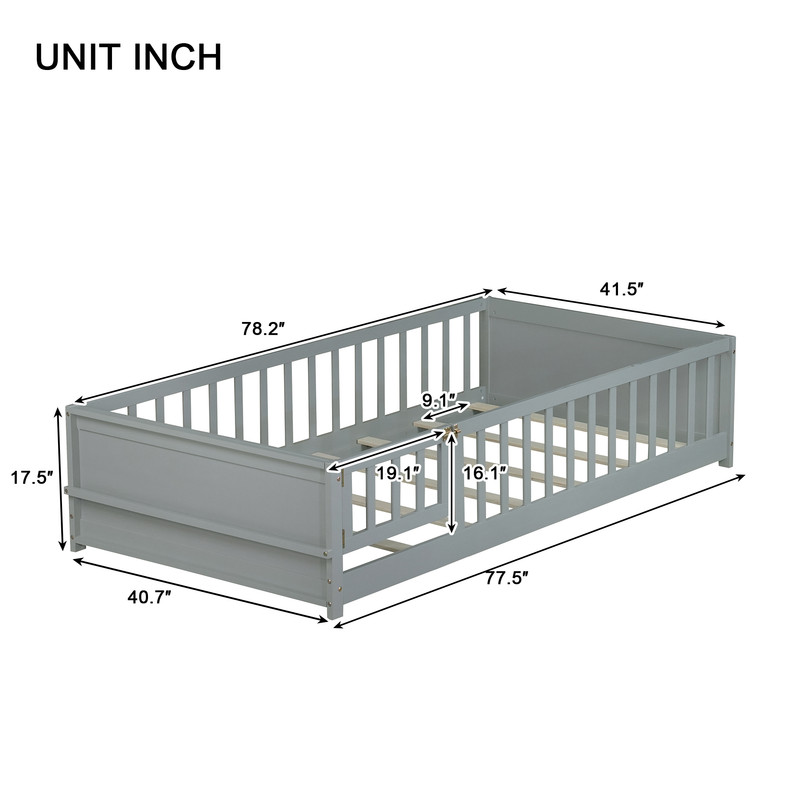 Mirightone Twin Size Floor Bed with Rails and Door, Wood Montessori Floor Bed with Storage Bookcase,&nbsp;Montessori Bed Frame with Fence, Grey