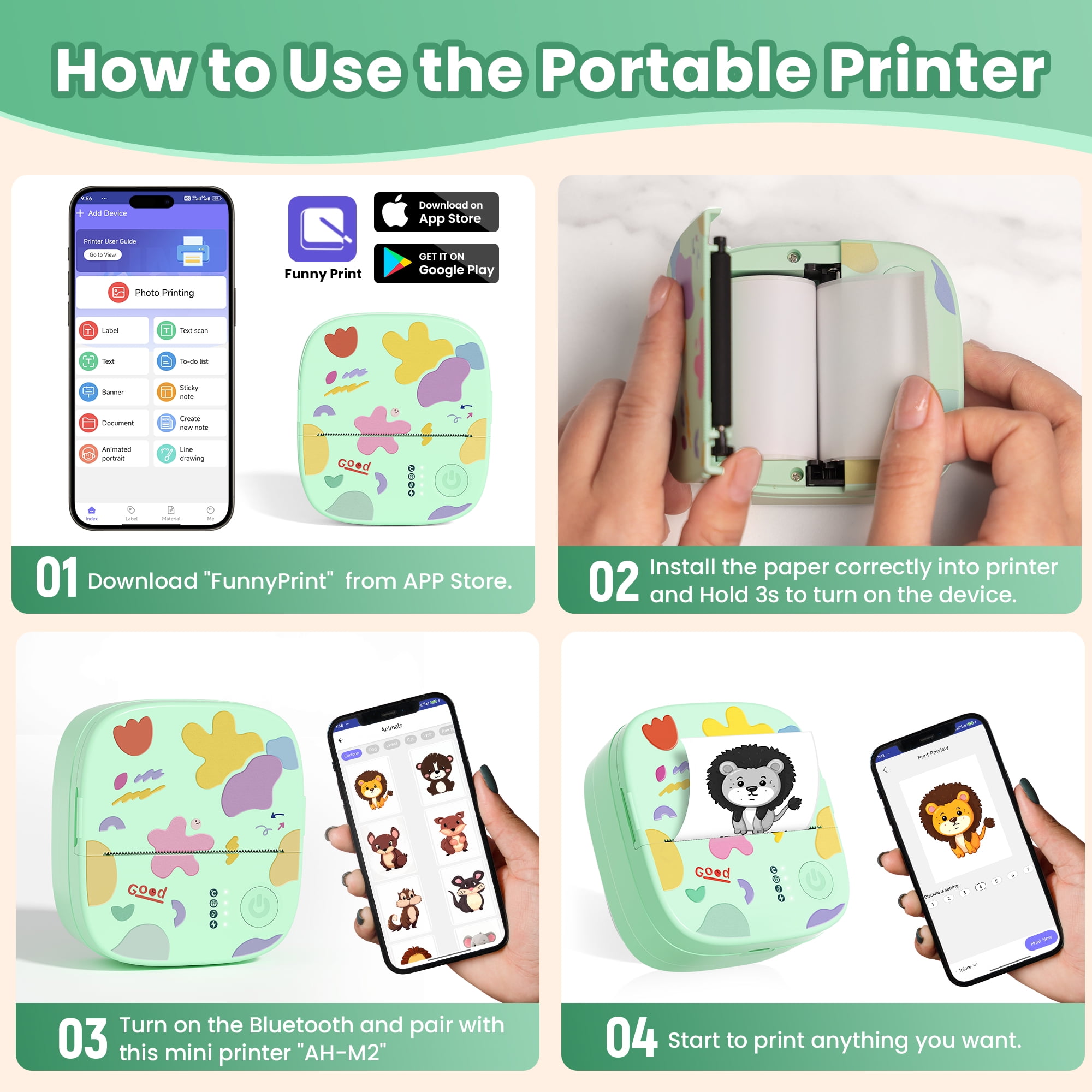 Mini Portable Sticker Printer XenGro, Mini Thermal Printer with 4 Rolls Paper, Bluetooth Inkless Printpods, Pocket Label Maker Suitable for Creative Kids DIY, Diaries, Photos, Study Notes