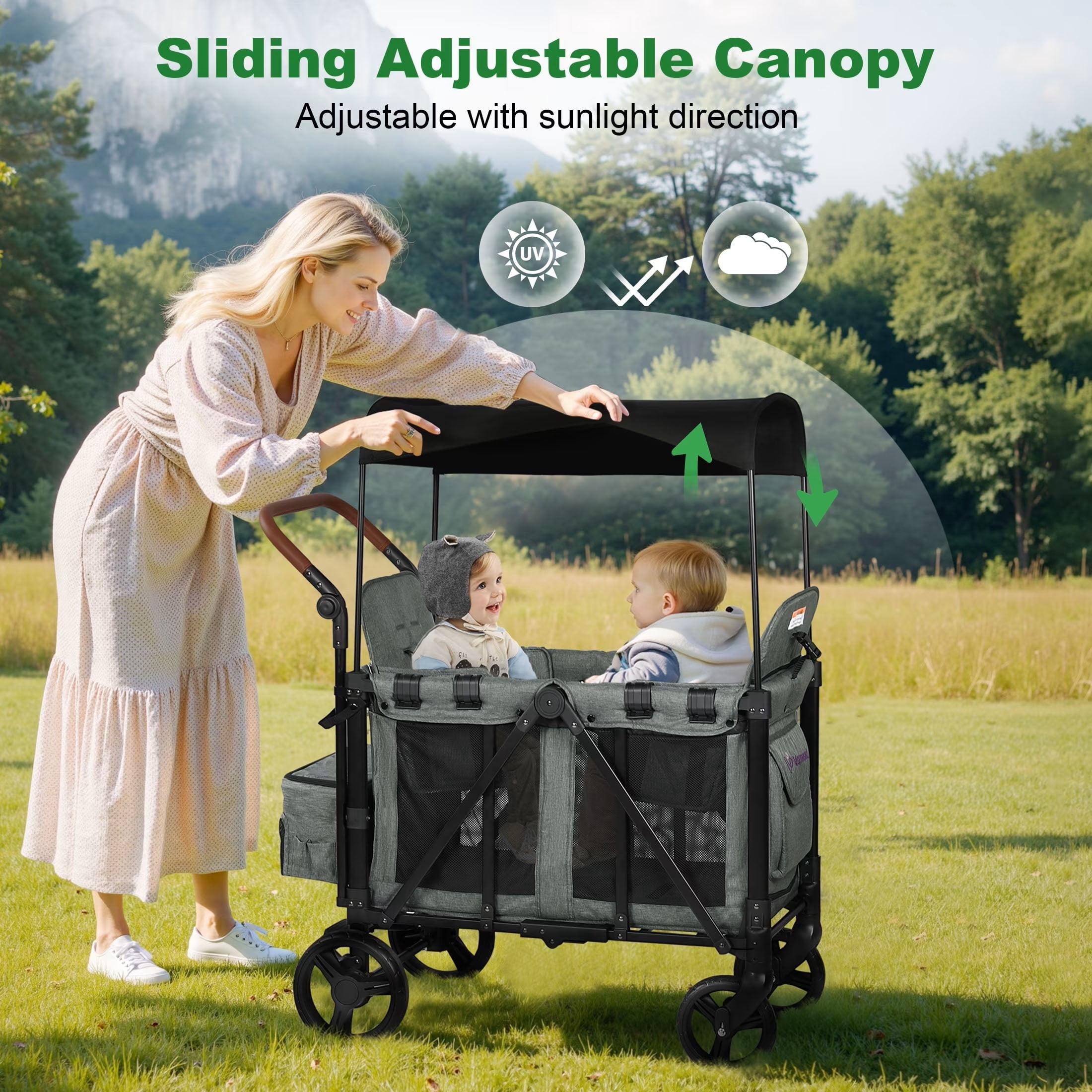 Vomeast Wagon Stroller for 2 Kids, 3-in-1 Outdoor Baby Stroller Wagon with Canopy, 5-Point Harness, Adjustable Handlebars, Removable Seat for Toddlers, Grey