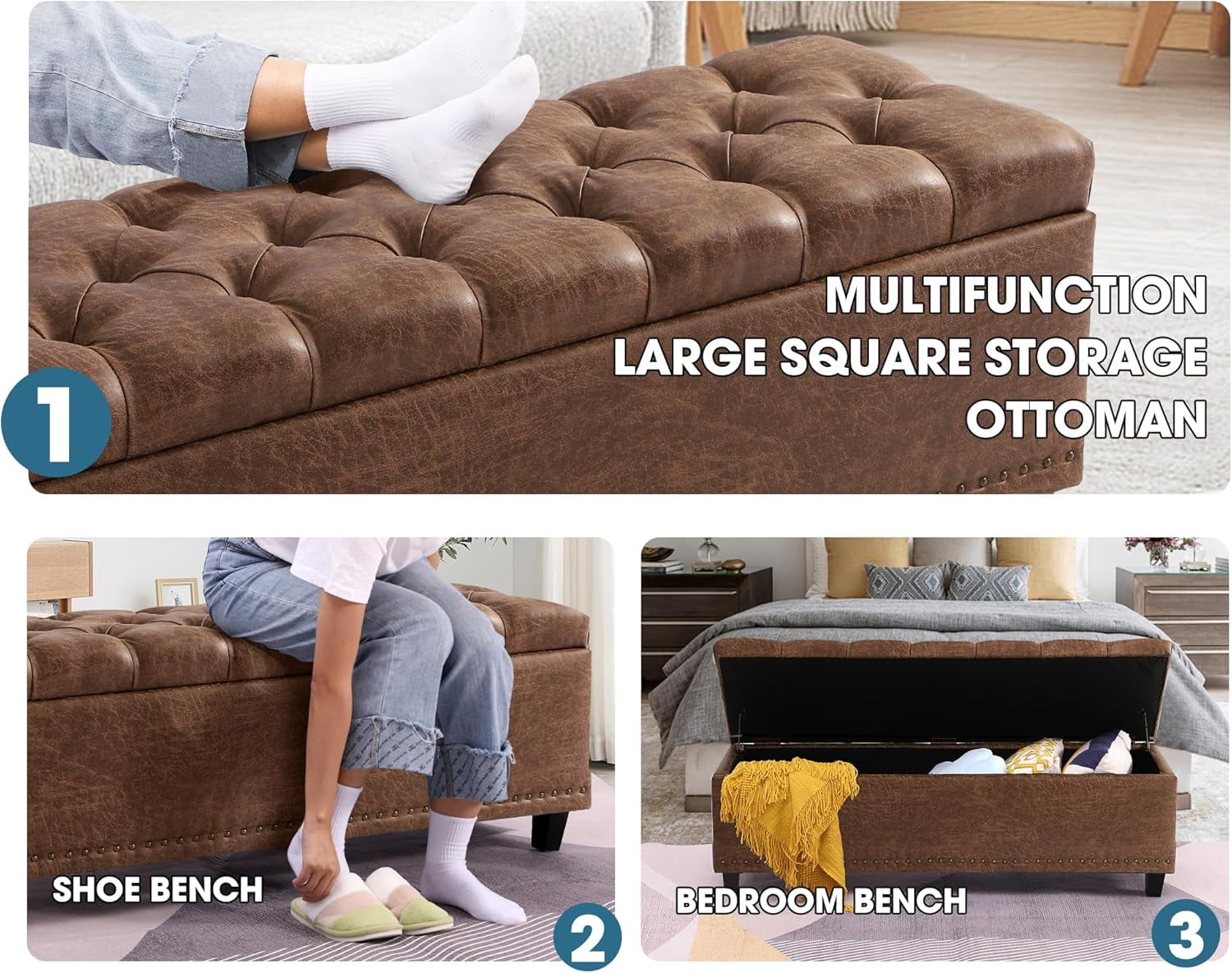 Haverchair 51" Ottoman Storage Benches, 30 Gallons End of Bed Storage Bench, Large Rectangular Storage Ottoman, Button-Tufted Ottoman with Storage for Living Room Bedroom, Foot of Bed (Brown)