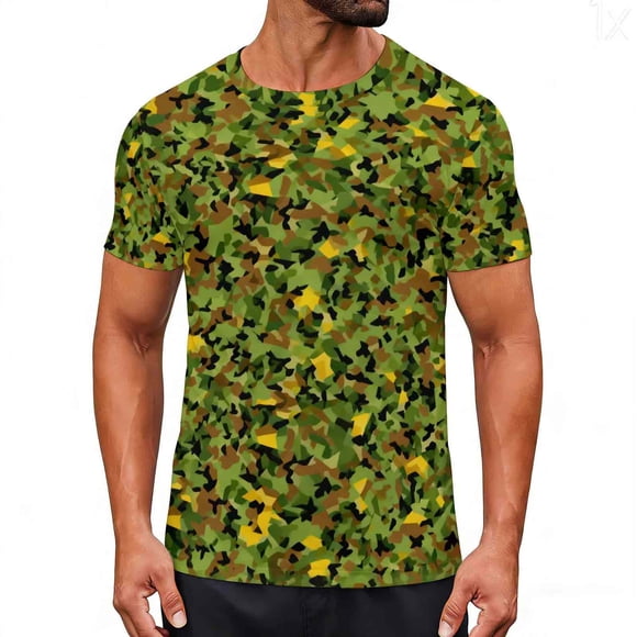 Short Sleeve Shirt For Men and Women with Camouflage Print, Vintage Style, Round Neck, Casual and Athletic Blouse Top for Daily Wear