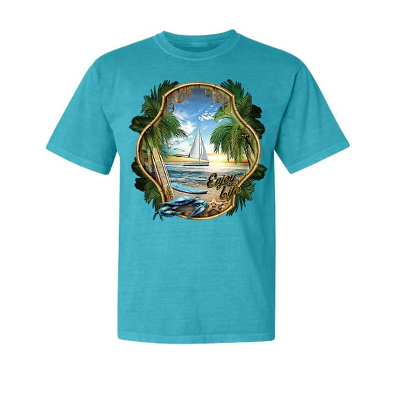 Wild Bobby, Enjoy Life Vintage Beach Surf Sailboat, Garment-Dyed Washed Look Short Sleeve Tees, Blue Lagoon, Small