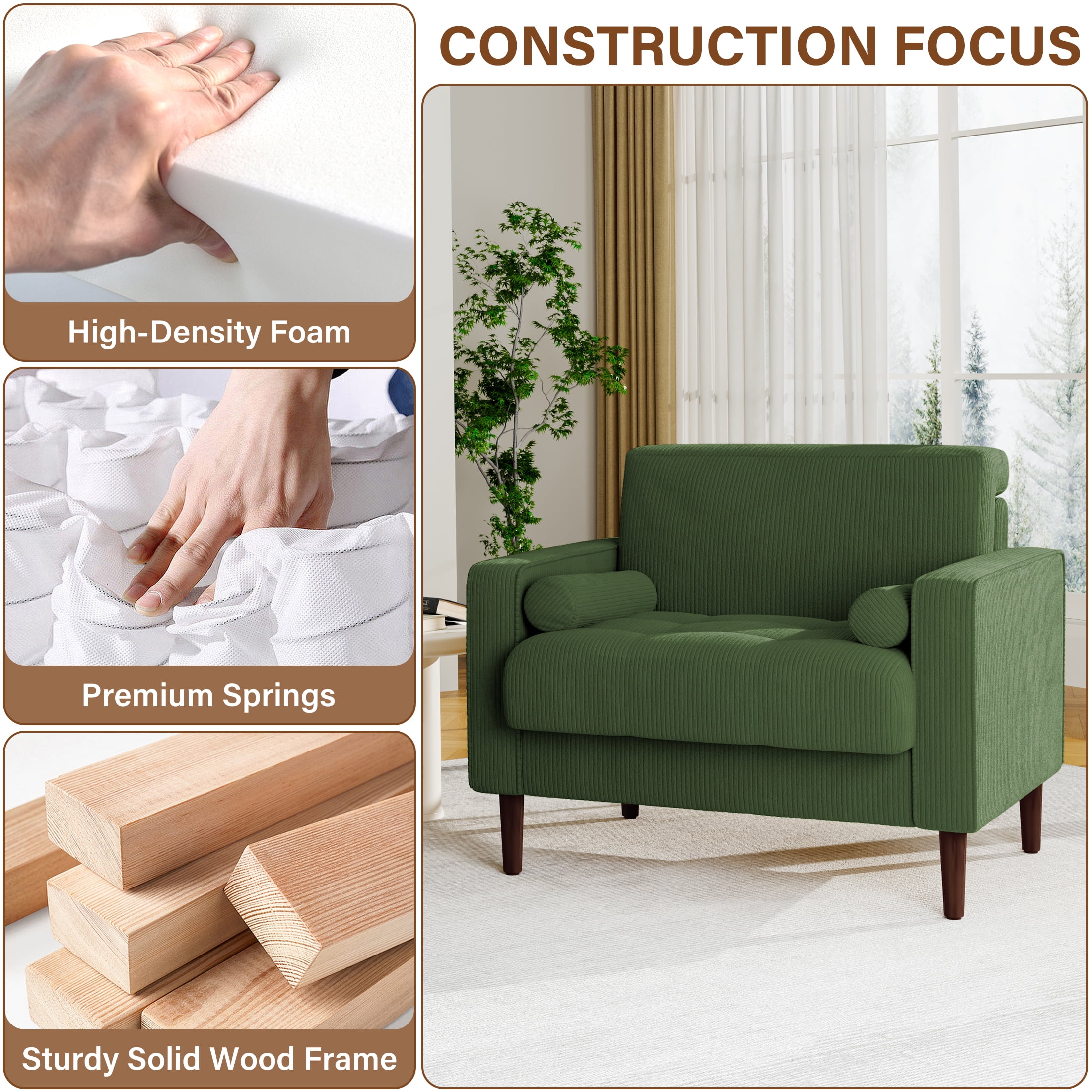 DREAMSIDEA Modern Upholstered Corduroy Accent Chairs Comfy Armchair Reading Chair with Pillows for Living Room Bedroom Reading Room,Green