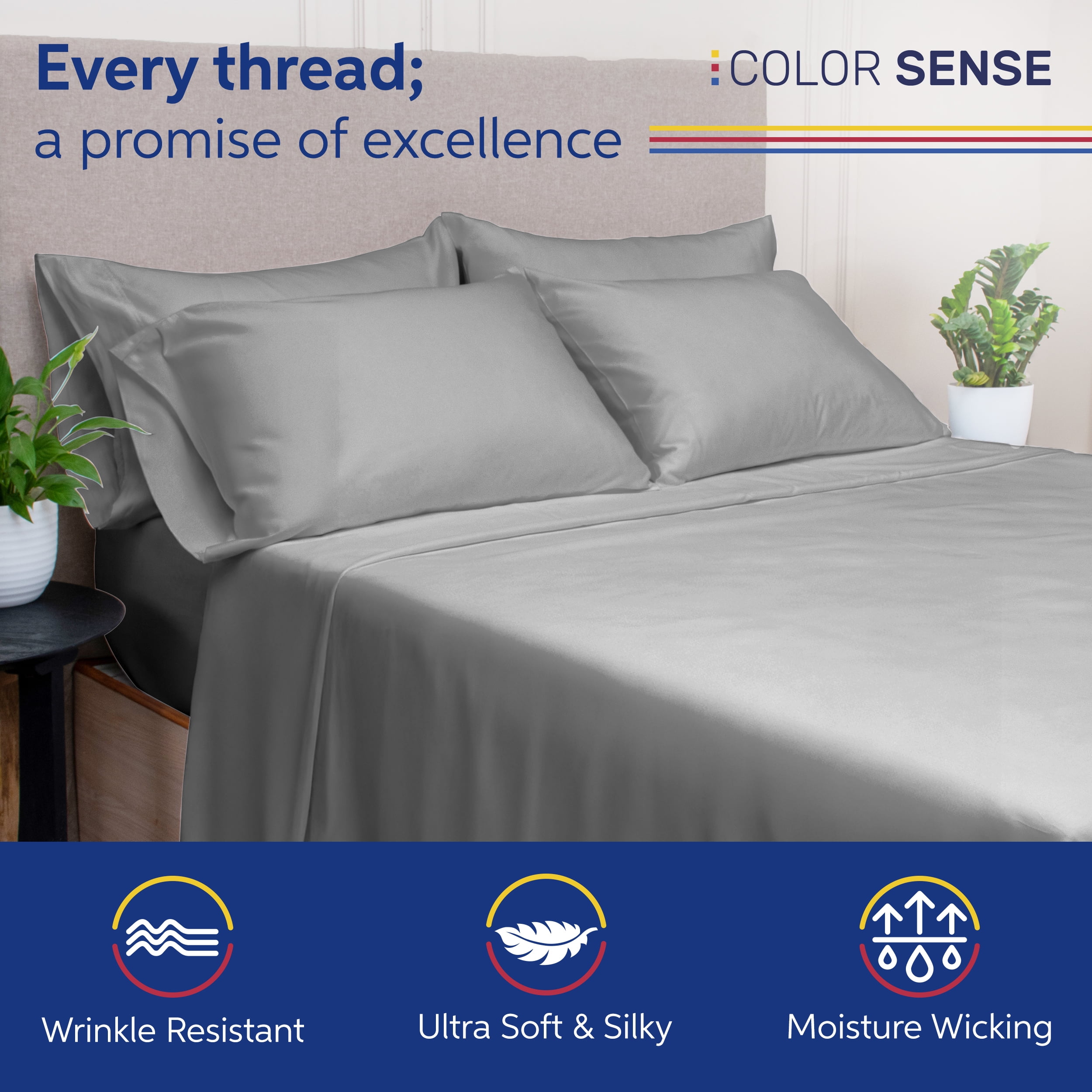 Color Sense 6-Piece 800 Thread Count Gray Cotton Rich Adult Bed Sheet Set, King - Deep Pocket