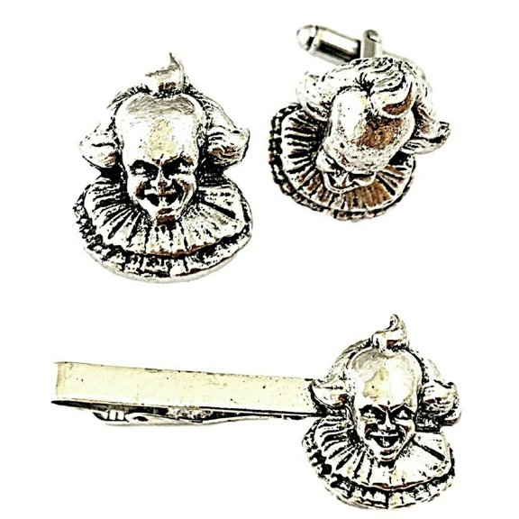 Classic Horror Movie It Pennywise Face Enamel Metal Cufflinks and Tie Clip Set