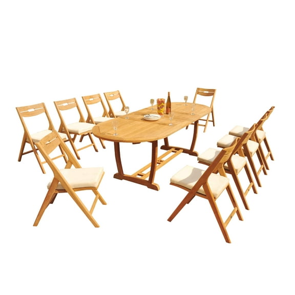 Grade-A Teak Dining Set: 10 Seater 11 Pc: 94" Mas Oval Trestle Leg Table And 10 Surfliner Folding Reclining Arm Chairs Patio WholesaleTeak #51SL2311
