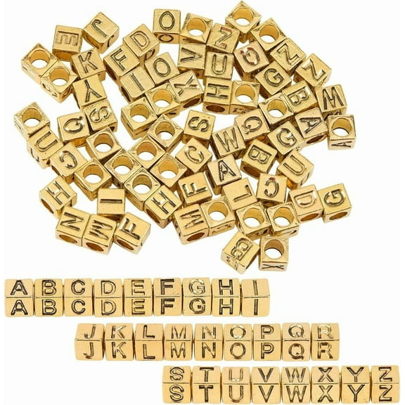 1 Box 104Pcs 26 Styles Gold Alphabet Beads Square Letter Bead Set Metal Alloy Antique Cube A to B Charm Large Hole Loose Spacer Beads for Jewelry Making Necklace Bracelets DIY Craft Supplies