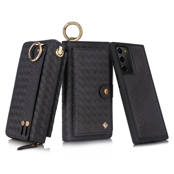 Samsung Galaxy Note20 Wallet Case, Dteck [Woven Pattern] Zipper Purse Phone Case Multi-functional Folio Flip Leather Removable Magnetic Back Cover For Samsung Galaxy Note20 5G, Black