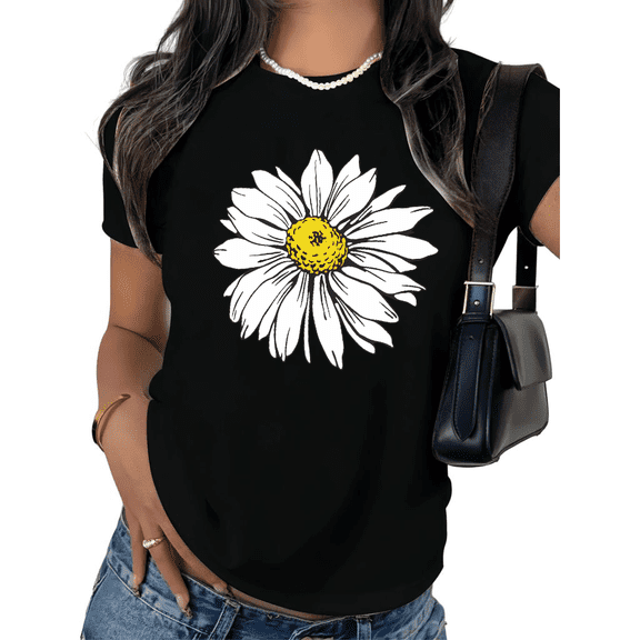 UNISHE Women's Elegant Daisy T-Shirt Minimalist Floral Line Art Short Sleeve Crewneck Top S-5XL