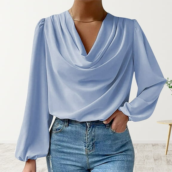 Ayfxijin Long Sleeve Shirts for Women,Women's European And Chiffon Shirt Loose Draped V-neck Top Pile Collar T-shirt