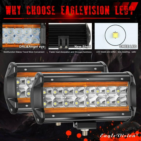 2PCS 7Inch LED Light Bar Marker Lights 240W 24000LM 3000K+6000K Led Driving Lights Fog Lights Amber light + white light