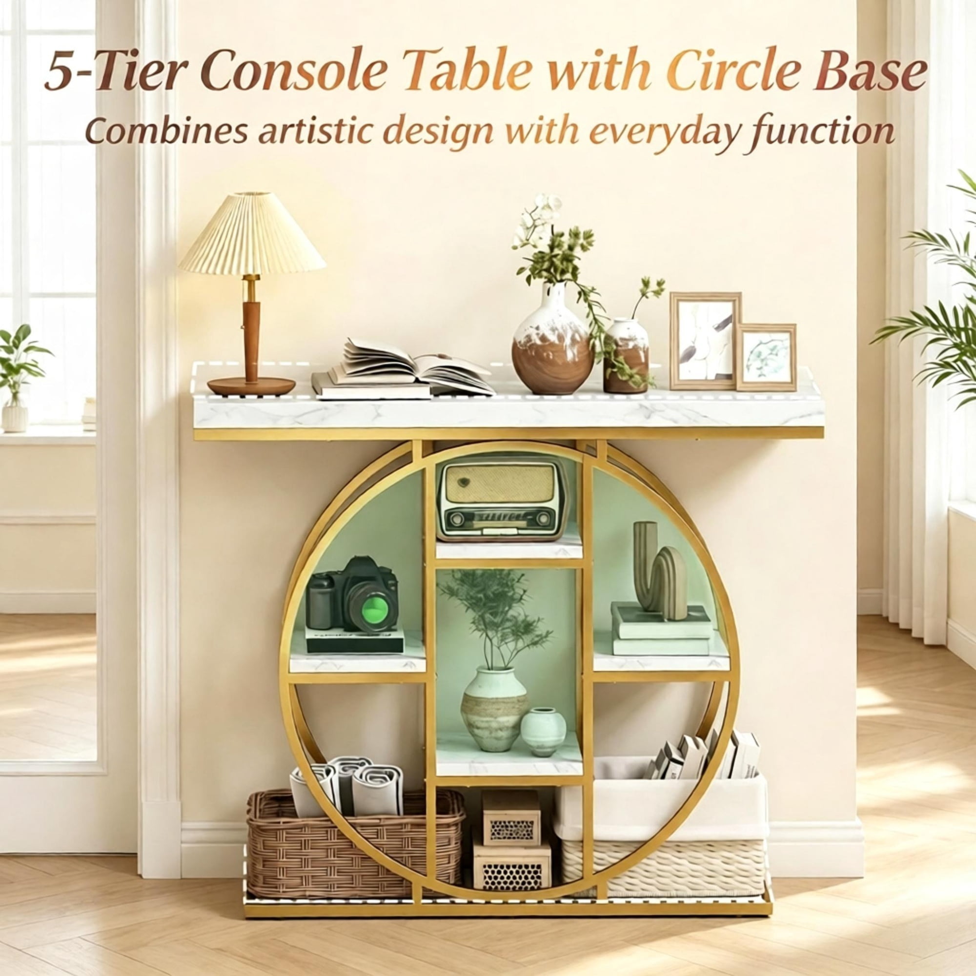 1PCS Multi-Tier Shelving Chic Console Table, Entryway Storage Display Table, Accent Sofa Table with Circular Base