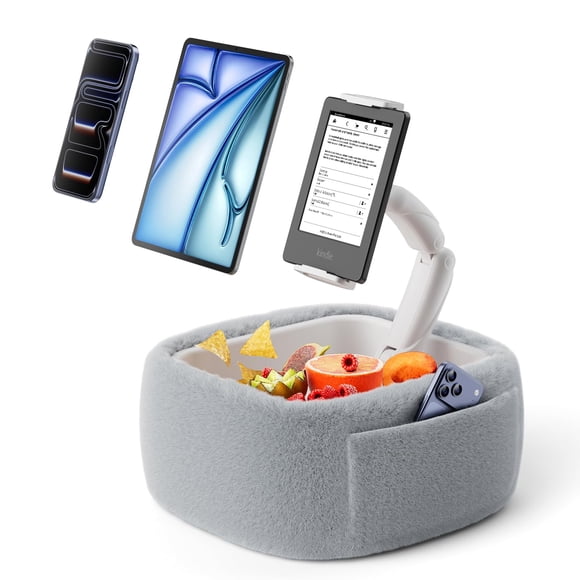 LULULOOK Ultra Fluffy Kindle Pillow Stand for Reading, Lap Tablet Pillow Stand with Snack Bowl & Flodable Arm Compatible with iPad, Phone and 4.7-14.