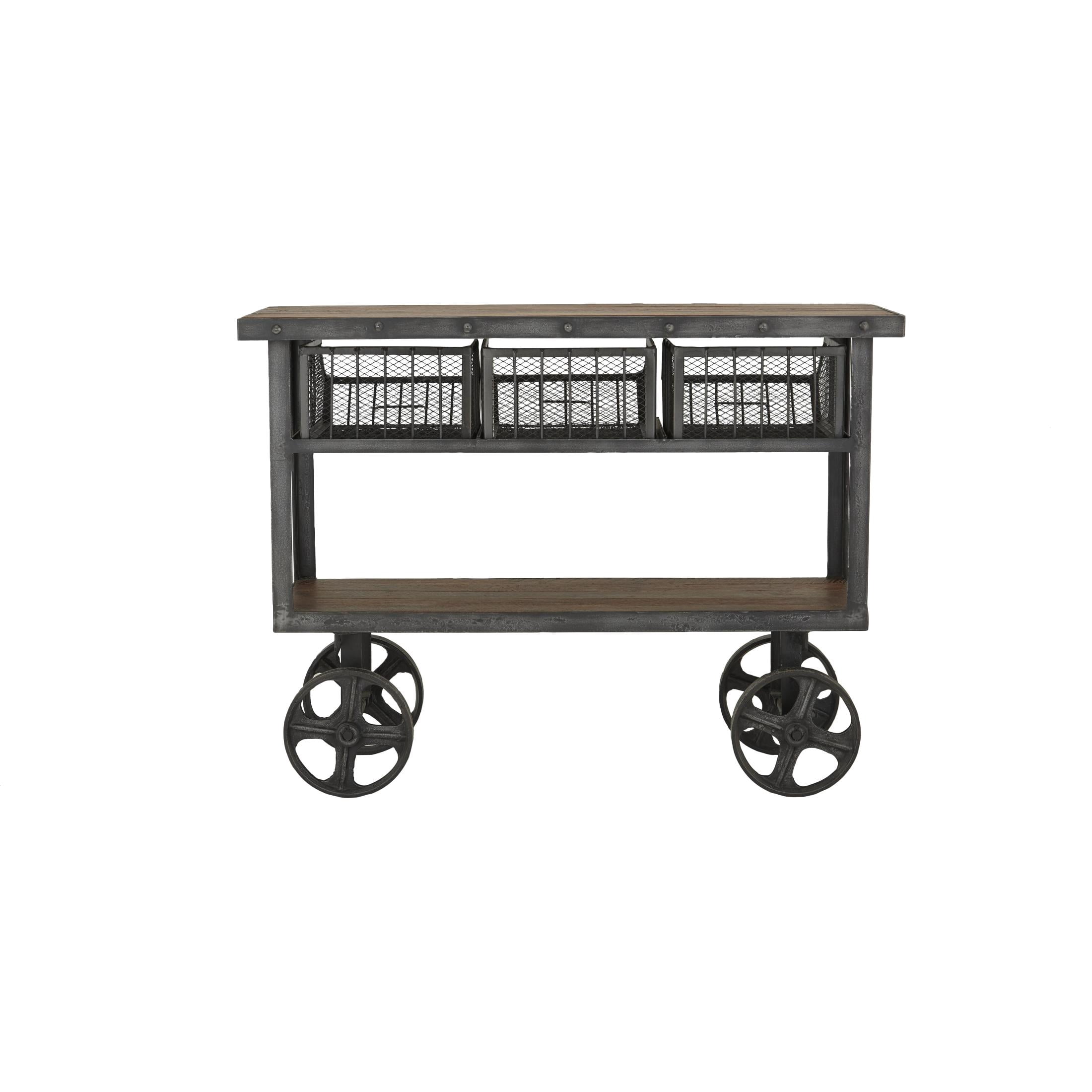 DecMode 48" x 36" Black Metal Industrial Rolling Cart 3 Basket Drawer Console Table, 1-Piece