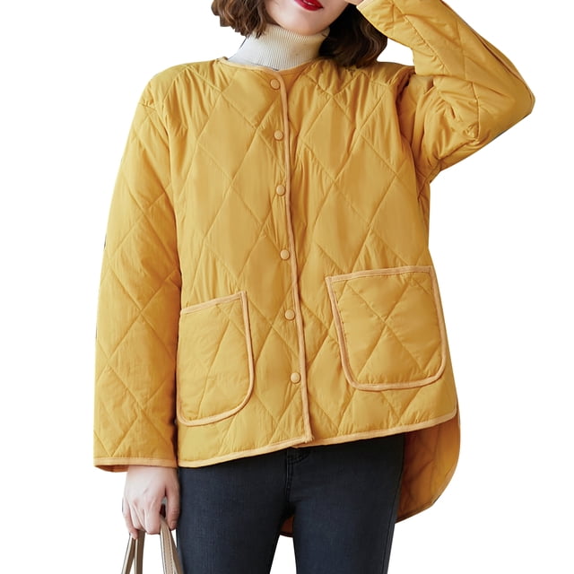Chaqueta acolchada acolchada para mujer, cuello redondo con bolsillos, abotonado, abrigo suelto MABOTO Chaqueta acolchada