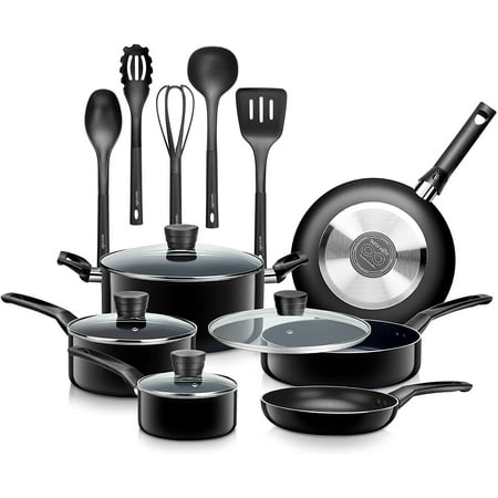 

SereneLife Kitchenware Pots & Pans Basic Kitchen Cookware Black Non-Stick Coating Inside Heat Resistant Lacquer (15-Piece Set) One Size