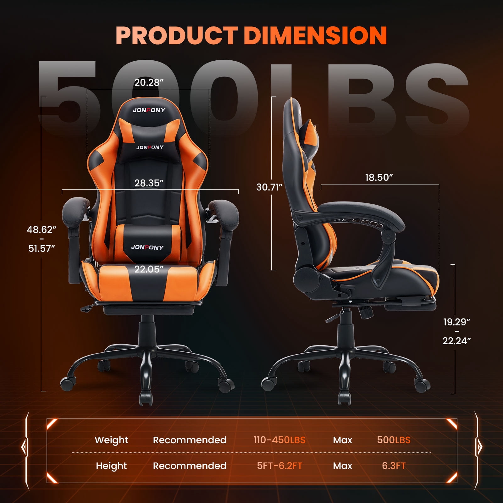 JONPONY Big and Tall 500LBS Gaming Chair, Ergonomic Design, Gamer Chair PU Leather with Footrest and Lumbar Support, High Back Office Chair Support, Long Sitting Computer Chair, Orange