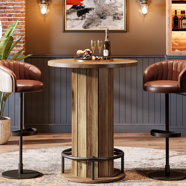 Fnova 39.4" Round Dining Table, Small Circle Kitchen Table with Wood Strip Base and Metal Footrest for Dining Room, Kitchen, Bar, Easy to Assemble