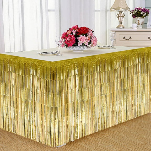M Buder 108.87 x 29.13 inches (274x74cm) Decorative Tassel Table Skirt Golden PET Shining Foil Fringe Table Skirting for Rectangular Round Tables Party