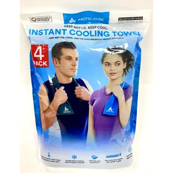 4 Pack Arctic Cool Instant Cooling Towels (2) Grey (2) Blue 15”X28” Each Upf 50 