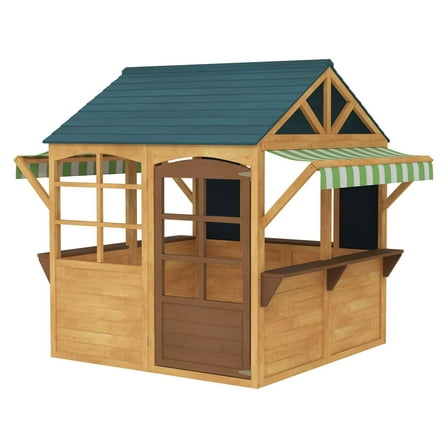 Wooden Outdoor Playhouse - Foldable Kids Cottage w/ Windows & Door - 3-8 Year Olds - Waterproof, Snack Bar, Country Style Play House