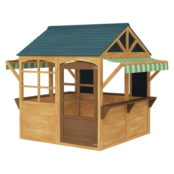 Wooden Outdoor Playhouse - Foldable Kids Cottage w/ Windows & Door - 3-8 Year Olds - Waterproof, Snack Bar, Country Style Play House