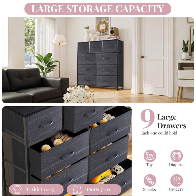 9 Drawers Dresser, Storage Dresser Organizer with Drawers, Chest of Drawers, Dresser with Metal Frame and Wood Tabletop for Bedroom, Guest Room, Closet, Entryway, Nursery, Black