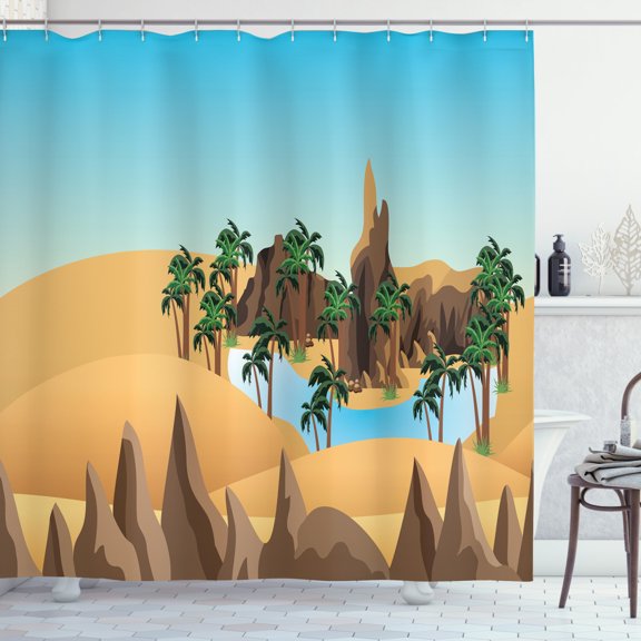 Oasis Shower Curtain, Adventurous Exploration Far Away with a Lake, Fabric Bathroom Set with Hooks, 69W X 75L Inches Long, Pale Sky Blue Almond Green Sand Brown and Taupe, by Ambesonne