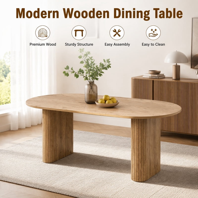 70.8" Long Oval Dining Table for 6-8, Large Wooden Kitchen Dinner Table with Striped Base & Non-Slip Foot Pads